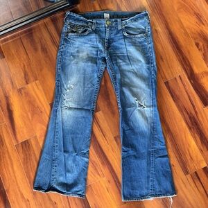 True Religion Men’s Distressed Blue Jeans with Double Pocket Flap